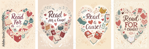 Four heart-shaped floral posters for book fair charity creative promotion
