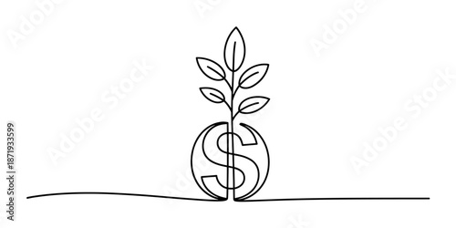 Single continuous line art illustrating financial growth with a plant sprouting from a dollar sign Vector, illustration