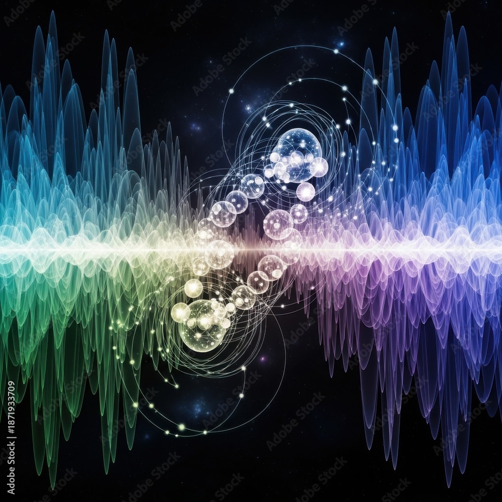 Fototapeta premium Abstract Colorful Sound Wave Spectrum with Glowing Particles on Dark Background