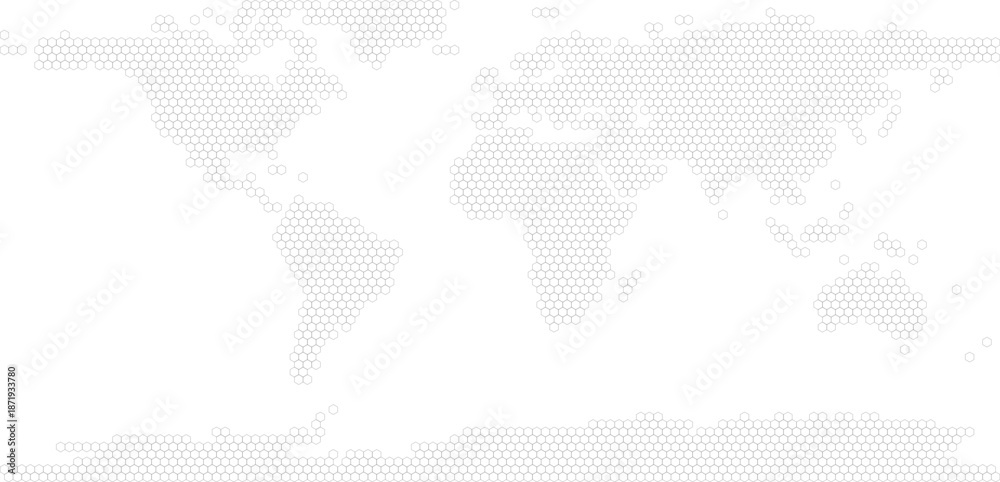 Fototapeta premium Simplified world vector map with hexagonal grid (PPT-compatible & fully editable) 