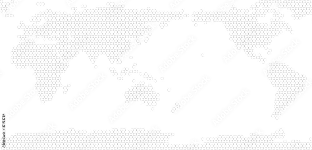 Fototapeta premium Simplified world vector map with hexagonal grid (APAC view, PPT-compatible & fully editable)