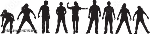 Silhouettes of people in various dance poses and movements