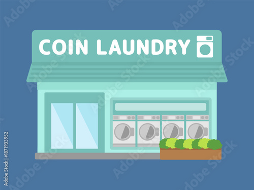 夜の無人型コインランドリー店舗の建物イラスト