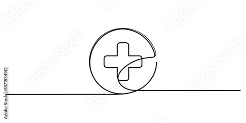 Continuous line drawing of a medical cross symbol inside a circle representing healthcare Vector, illustration