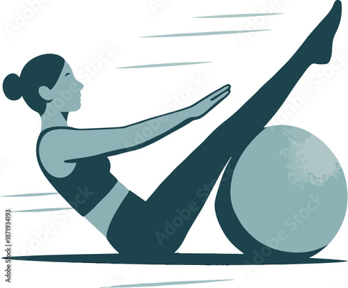 Woman doing pilates exercise with a fitness ball on white background