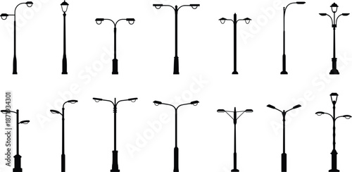 Collection of Black Silhouette Street Lamp Posts with Multiple Light Fixtures lamppost lighting