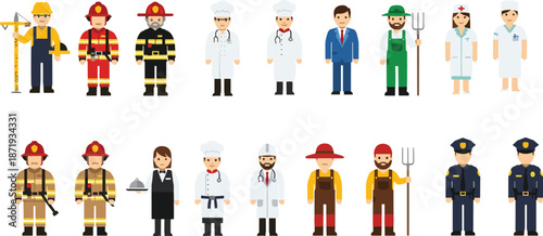 Collection of flat professional characters including firefighters doctors chefs police officers construction workers and farmers isolated on a white background