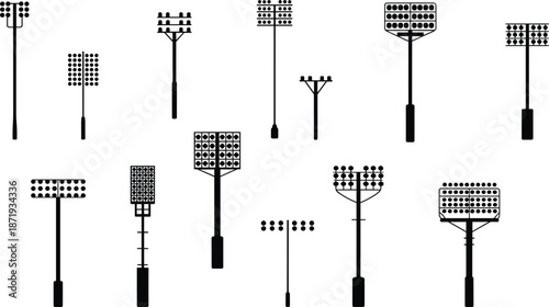 Collection of various floodlight and stadium light silhouettes on white background spotlight lighting