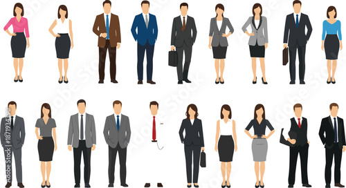 Collection of professional business people in formal suits standing in rows, diverse corporate team characters isolated on white background, vector.