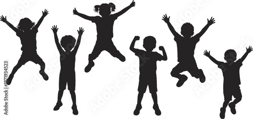 Diverse group of children jumping and celebrating with arms raised in silhouette Keywords: children, kids, jumping, happy, joy