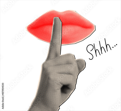 Pop Art Silence Gesture, Halftone Hand with Finger to Lips and Shh Text in Bold Comic Style on White Background