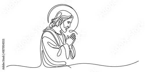 Spiritual representation of jesus christ praying in minimalist line art style Vector, illustration