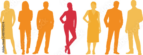 Diverse group of people silhouettes in warm orange and red tones on white background standing