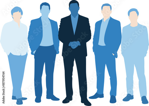 Five men in suits in varying shades of blue, standing in a row business corporate