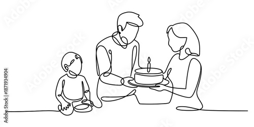 Continuous line drawing representing family birthday celebration with parents and child Vector, illustration