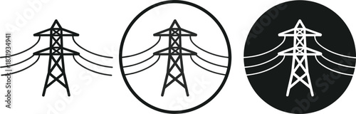 Icons of Electrical Power Transmission Tower on White and Black Backgrounds Keywords: power, electricity, energy, transmission