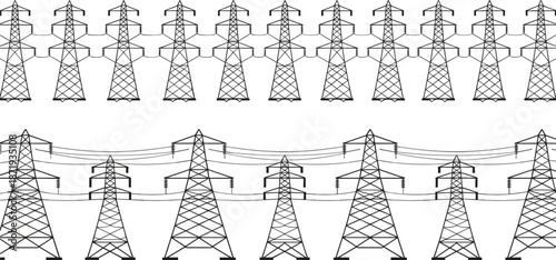 Seamless pattern of black silhouette high voltage electricity pylons and power lines Keywords: electricity, power, pylon