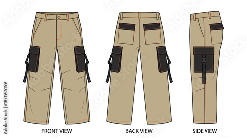 Cargo Pants Design - Front, Back & Side View - Fashion Illustration - Outdoor Style - Detailed Sketch