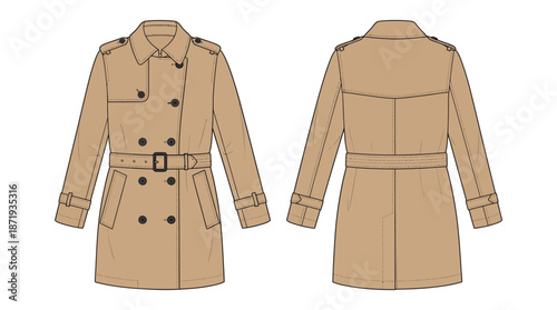 Beige Trench Coat Design, Apparel Sketch, Stylish Outfit, Graphic Art, Trendy Look, Front and Back View