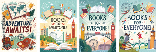 Vibrant book fair posters celebrating reading adventure for all ages and interests
