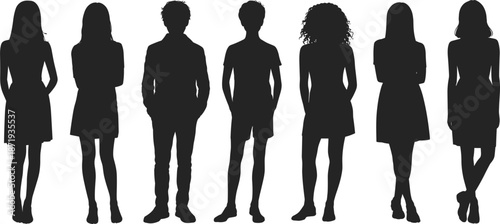 Silhouettes of diverse men and women standing in casual poses on white background Keywords: people, silhouette, man, woman