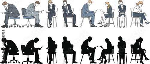 Set of diverse business people in flat design, jumping, holding tablet, playing soccer, and standing isolated on white background, vector. (Exactly 20 words)