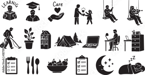 Daily Life Activities and Education Icons Set