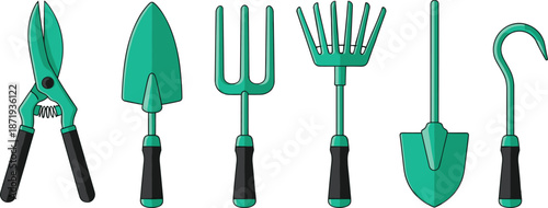 Set of professional green gardening tools, hand trowel, pruning shears, rake, garden fork, and shovel icons isolated on white background for landscaping. (Exactly 20 words)