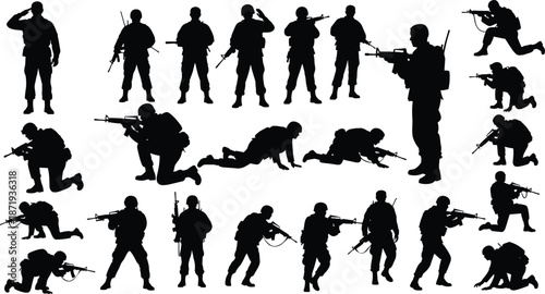 Silhouettes of armed soldiers in various combat poses including saluting aiming crawling and patrolling isolated on a clean white background