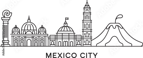 Mexico city skyline monument volcano and architecture line drawing iconic landmarks panorama