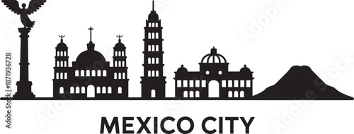 Mexico city skyline silhouette landmark vector illustration with monument and mountain scenery