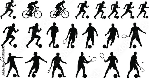 Silhouettes of male athletes engaged in various sports activities including soccer football cycling and tennis players isolated on white background