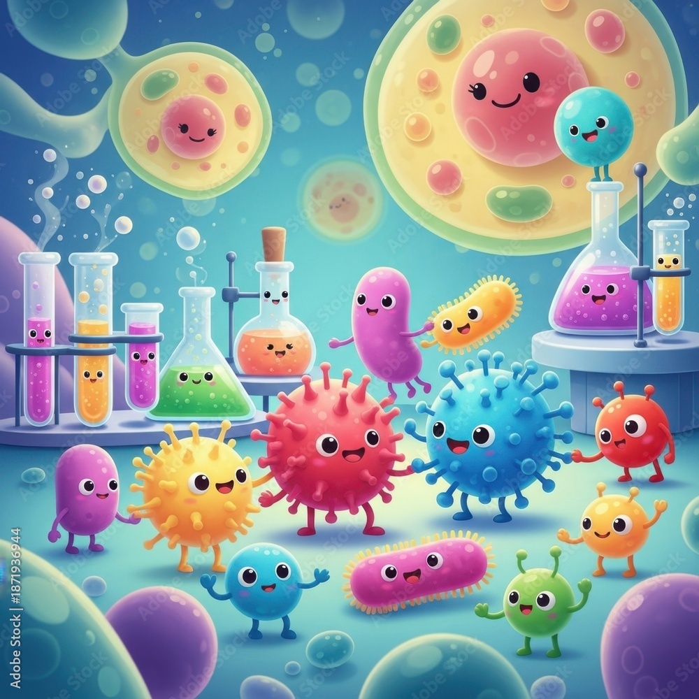 Fototapeta premium Cute Cartoon Microbes and Lab Equipment