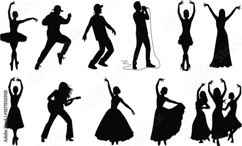 Silhouettes of performers including ballet dancers hip hop artists singer with microphone and guitar player isolated on white background for design