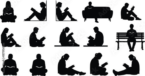 Silhouettes of people reading books in various poses including sitting on a bench sofa and floor isolated on white background