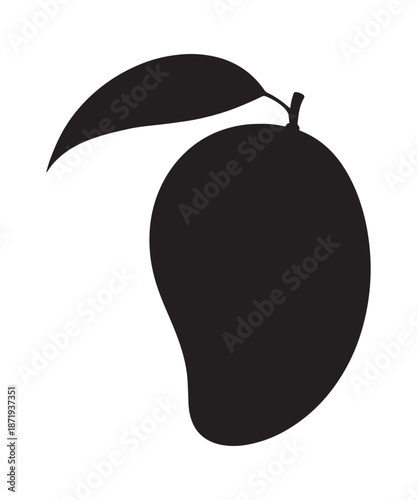 Black silhouette of a ripe mango fruit with a single green leaf and stem on a white background.