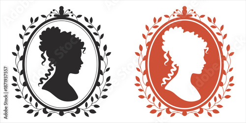 Black and Orange Silhouette Cameo Portraits of a Woman Keywords: silhouette, cameo, portrait, woman, female, profile, vintage