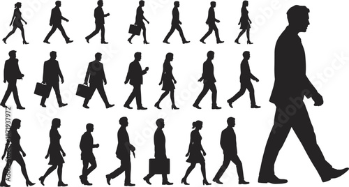 Collection of black silhouettes of people walking in different poses woman