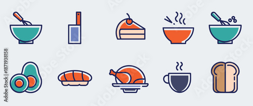 set of colorful food and drink icons including bowls