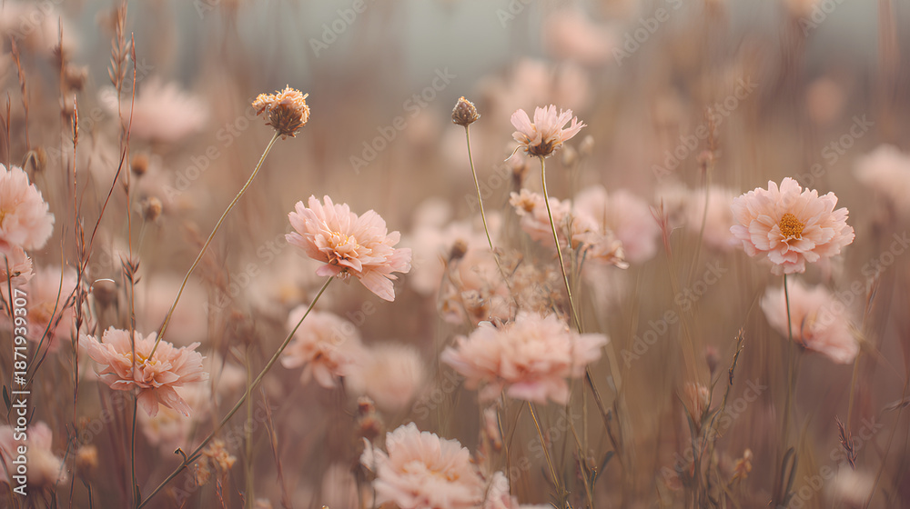 Obraz premium Soft wildflower field with delicate peach and ivory blossoms among tall grasses in open meadow evoking dreamy vintage romantic nostalgia 