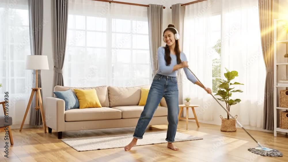 custom made wallpaper toronto digitalWoman Cleaning Living Room with Mop in Bright Well-Lit Space