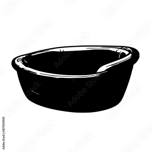 Inflatable portable baby bathtub icon, minimalist black line art illustration, clean vector design isolated on bright white background for baby care