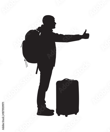Silhouette of a traveler with a backpack hitchhiking with a suitcase, ready for adventure.