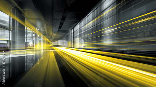 Futuristic motion blur with dynamic yellow light trails in modern tunnel representing speed and innovation
