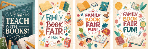 Creative family book fair poster designs promoting reading fun for everyone