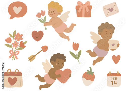 Cute Valentine’s Day Cupid Clipart Set with Hearts, Flowers and Love Elements