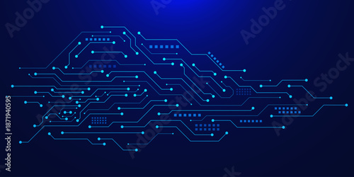 AI innovation with futuristic circuit board on dark blue background. Machine learning and technology banner template design. Vector