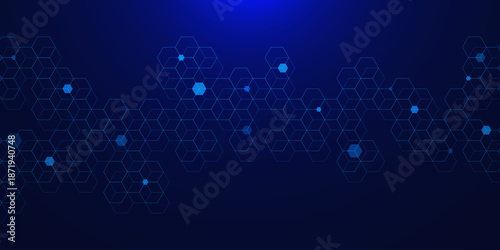 Geometric design with hexagons pattern on dark blue background. Futuristic technology and science concept. Vector
