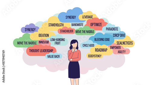 Woman Thinking with Business Concepts Cloud.
