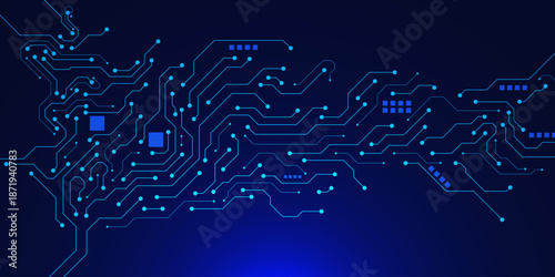 Electronic circuit board texture on dark blue background. Futuristic digital technology innovation template design. Vector